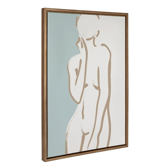 Kate and Laurel Sylvie Simple Romantic Line Art Drawing 2 Tan and Teal Framed Canvas Wall Art by The Creative Bunch Studio, 23x33 Gold, Modern Abstract Body Line Drawing Wall Decor