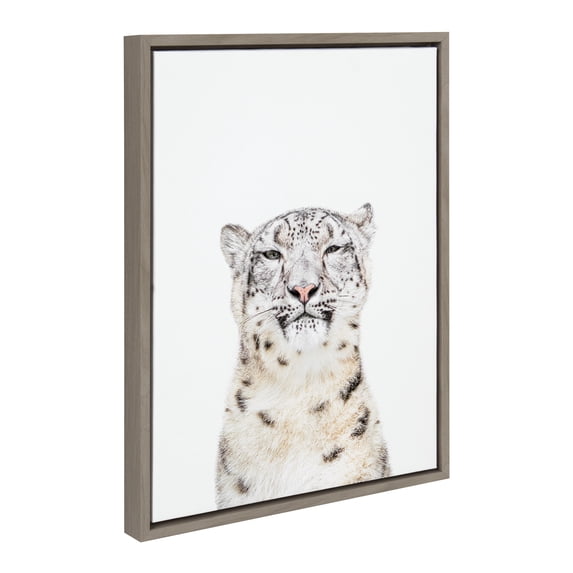 Kate and Laurel Sylvie Snow Leopard Portrait Framed Canvas Wall Art by Amy Peterson Art Studio, 18x24 Gray, Modern Jungle Animal Portrait Art for Wall