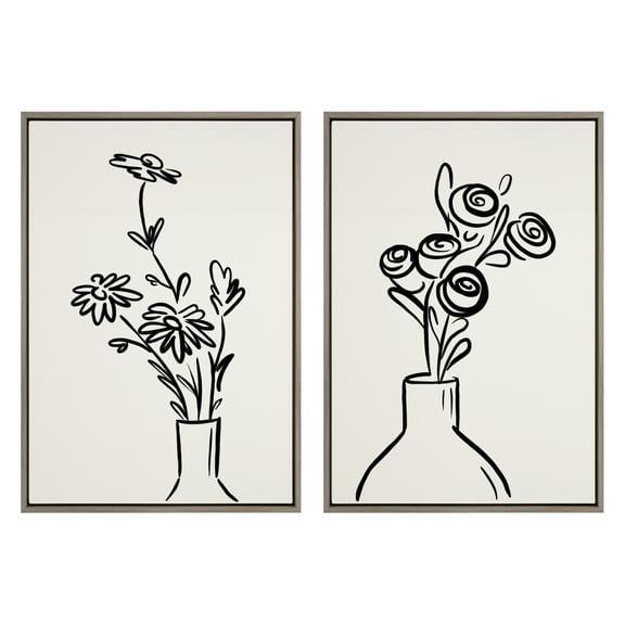 Kate and Laurel Sylvie Still Life Flowers in Vases Framed Linen Textured Canvas Wall Art Set by The Creative Bunch Studio, 23x33 Gray, Decorative Floral Art for Wall