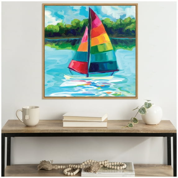 Kate and Laurel Sylvie Sunday Sailing Framed Canvas Wall Art by Rachel Christopoulous 30 x 30 Natural, Coastal, Beach, Landscapes, Nature Art for Wall Decor, Living Room, Bedroom, Office, Kitchen
