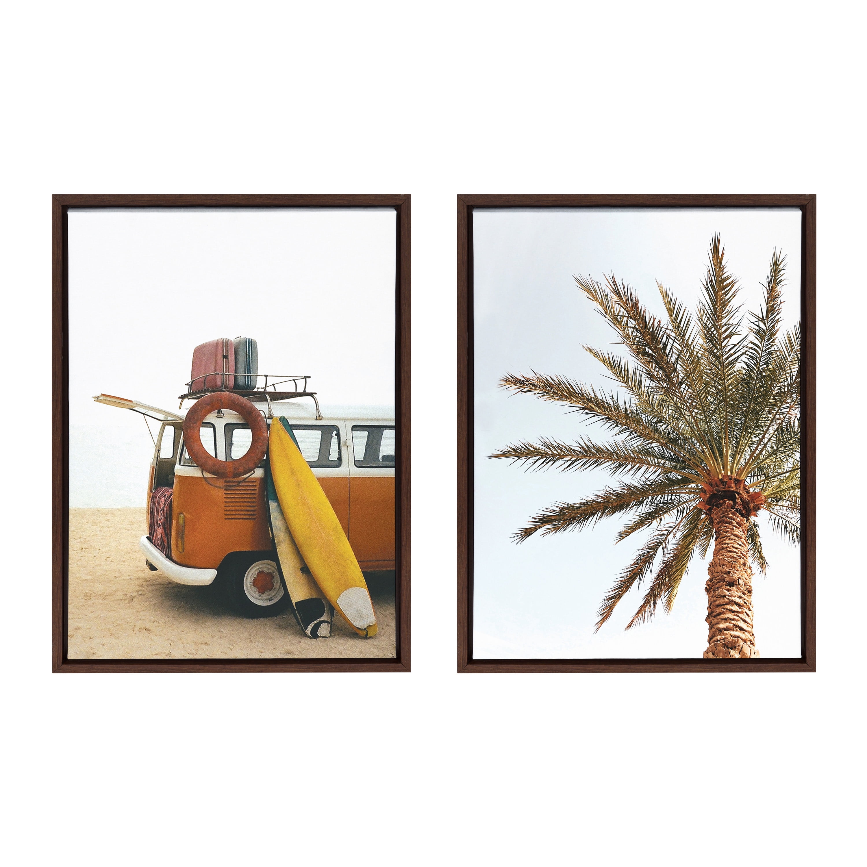 Sylvie Surfboard and Palm Tree Tropical Canvas Wall Art Set