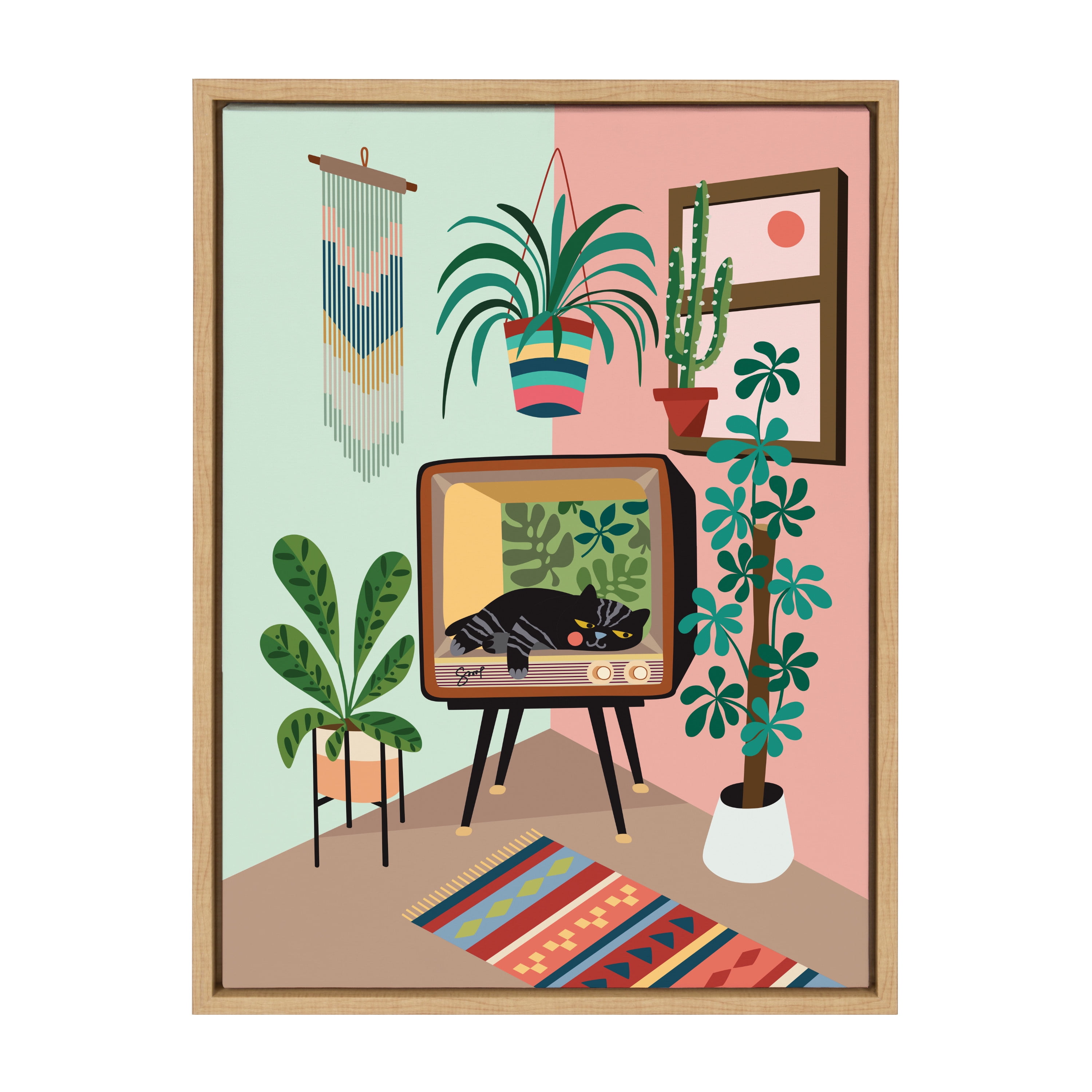 Natural Framed Canvas Print with Cat in TV, 18x24