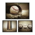 thumbnail image 1 of Kate and Laurel Sylvie Three Vintage Bats, Baseball Glove at Home Plate and Three Vintage Baseballs Framed Canvas Wall Art Set by Saint and Sailor Studios, 3 Piece Set Gray, Retro Baseball Art Set, 1 of 6