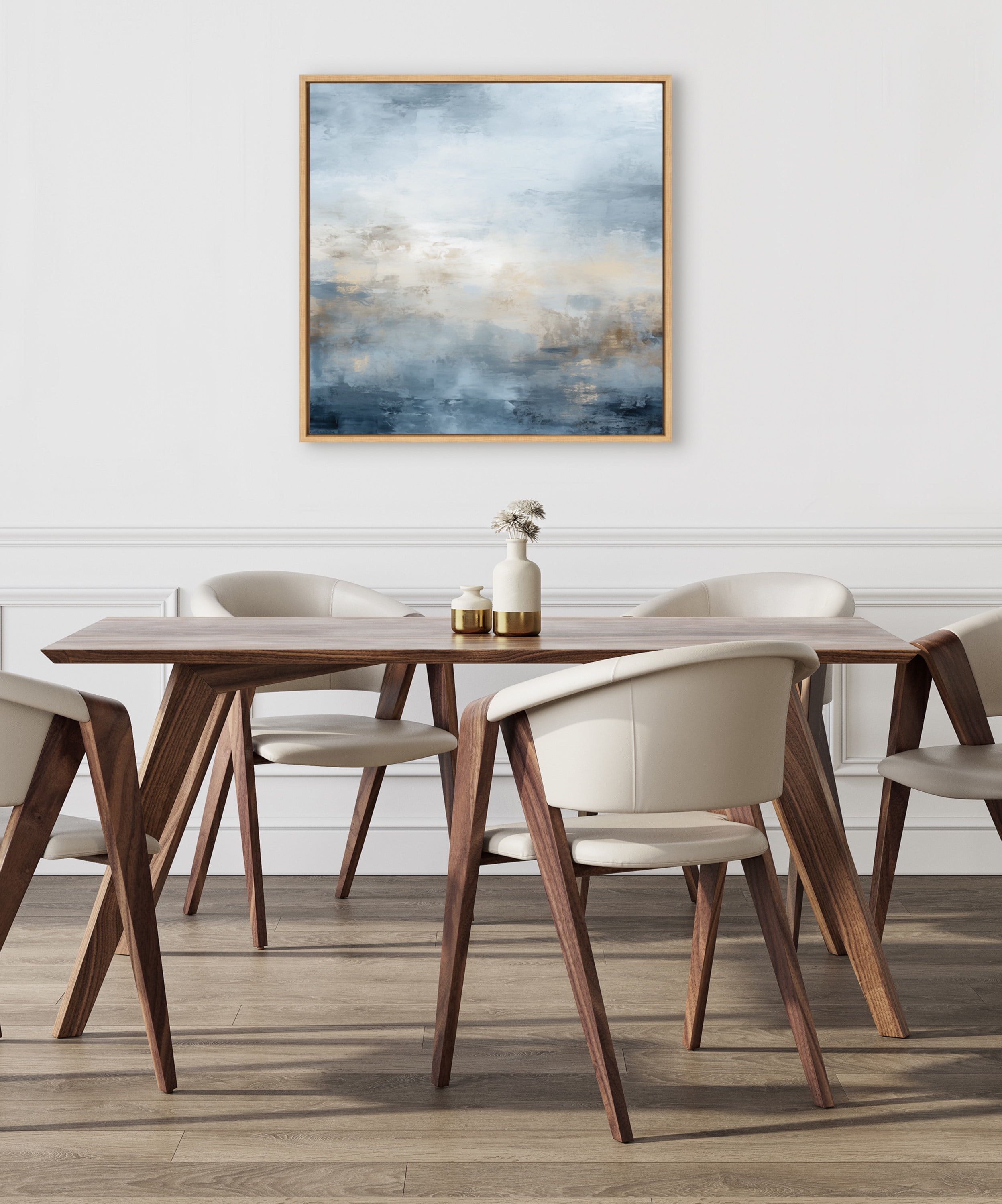 Tonal Blue Abstract Canvas Wall Art with Natural Frame