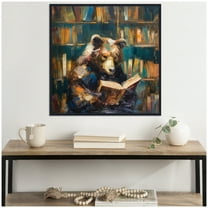 Kate and Laurel Sylvie Traditional Bear Reading in Library Framed Canvas Wall Art by The Creative Bunch Studio 30 x 30 Beaded Black, Whimsical, Animals, Abstract Art for Wall Decor, Living Room