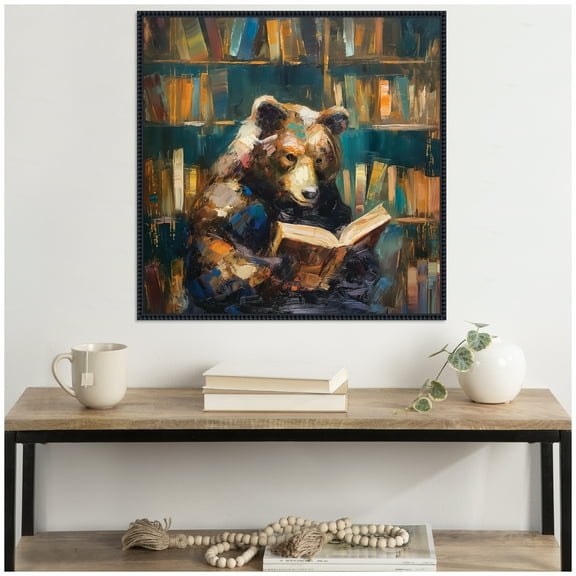 Kate and Laurel Sylvie Traditional Bear Reading in Library Framed Canvas Wall Art by The Creative Bunch Studio 30 x 30 Beaded Black, Whimsical, Animals, Abstract Art for Wall Decor, Living Room