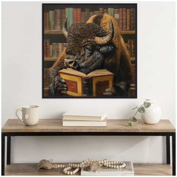 Kate and Laurel Sylvie Traditional Buffalo Reading in Library Framed Canvas Wall Art by The Creative Bunch Studio 30 x 30 Beaded Black, Whimsical, Animals Art for Wall Decor, Living Room, Bedroom
