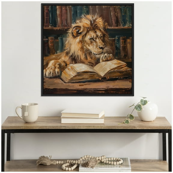 Kate and Laurel Sylvie Traditional Lion Reading in Library Framed Canvas Wall Art by The Creative Bunch Studio 30 x 30 Black, Traditional, Animal Still Life Art for Wall Decor, Living Room, Bedroom