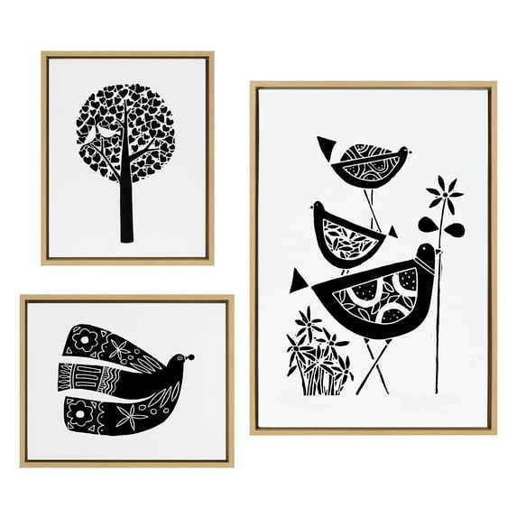 Kate and Laurel Sylvie Trio Linocut, Love Tree Linocut and Over the Cloud Linocut Framed Canvas Wall Art Set by Giuliana Lazzerini, 3 Piece Set Natural, Black and White Natural Art for Gallery Wall