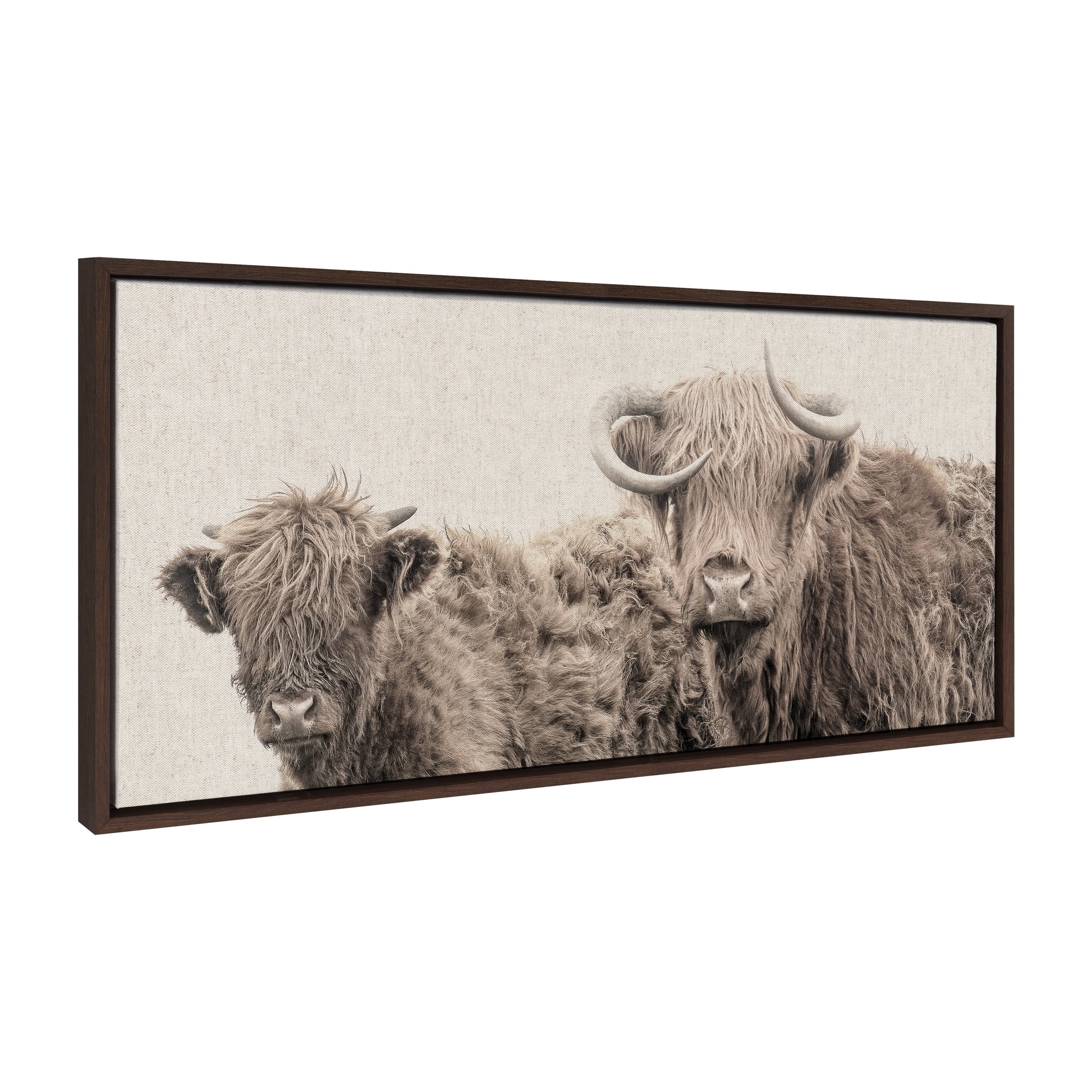 Two Highland Cows Brown Canvas Wall Art with Wooden Frame