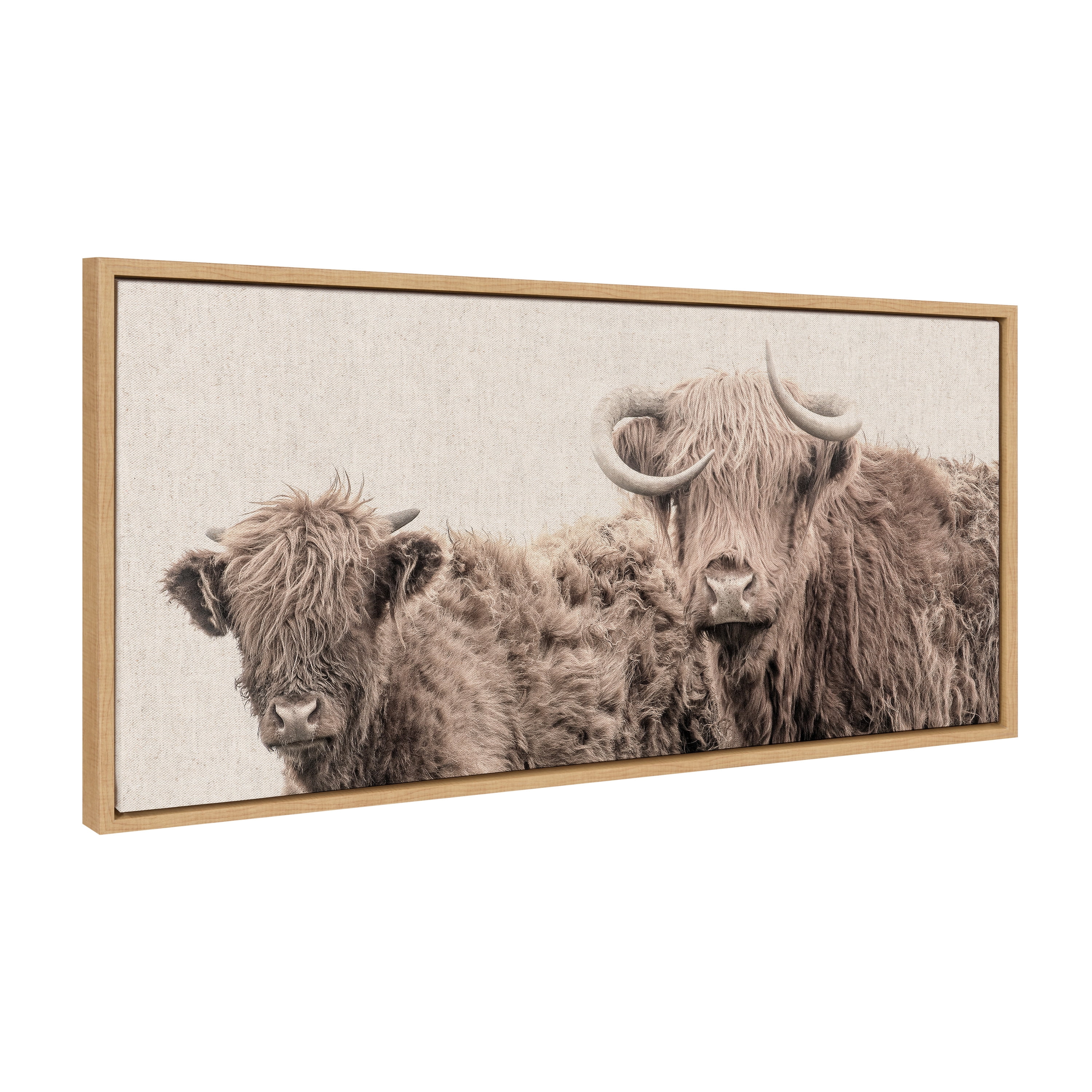 Natural Framed Canvas Wall Art with Highland Cows, 18x40
