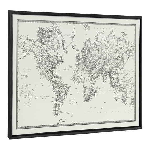 Kate and Laurel Sylvie Vintage Black and White World Map Framed Canvas Wall Art by The Creative Bunch Studio, 28x38 Black, Travel-Inspired Art for Wall