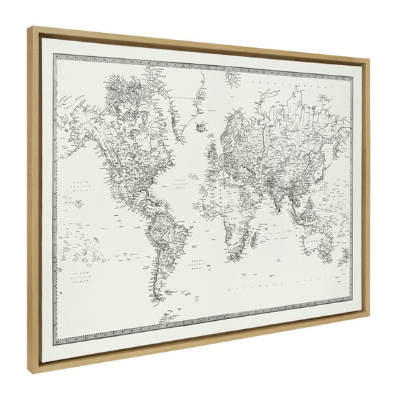 Kate and Laurel Sylvie Vintage Black and White World Map Framed Canvas Wall Art by The Creative Bunch Studio, 28x38 Natural, Oversized Map Art for Wall