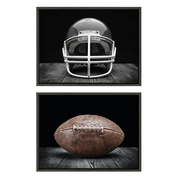 Kate and Laurel Sylvie Vintage Football Helmet on Black and Vintage Football on Black Framed Canvas Wall Art Set by Saint and Sailor Studios, 2 Piece 18x24 Dark Gray, Retro Black and White Sports Art