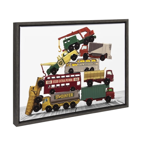 Kate and Laurel Sylvie Vintage Stacked Matchbox Work Vehicles Pile Framed Canvas Wall Art by Saint and Sailor Studios, 18x24 Gray, Modern Colorful Car Toys Art for Wall