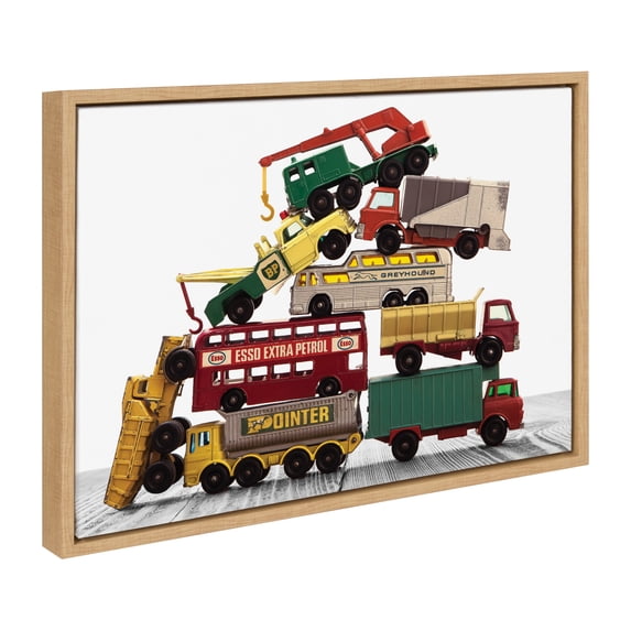 Kate and Laurel Sylvie Vintage Stacked Matchbox Work Vehicles Pile Framed Canvas Wall Art by Saint and Sailor Studios, 18x24 Natural, Modern Colorful Car Toys Art for Wall