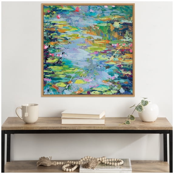 Kate and Laurel Sylvie Waterlilies at Giverny Framed Canvas Wall Art by Rachel Christopoulous 30 x 30 Natural, Mid Century Modern, Landscapes, Nature, Flowers Art for Wall Decor, Living Room, Bedroom