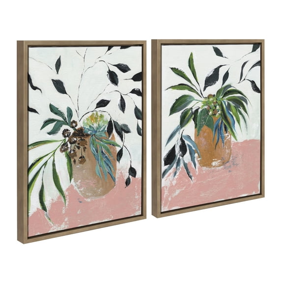Kate and Laurel Sylvie Wild Foliage l and II Framed Canvas Wall Art Set by Nikita Jariwala, 2 Piece Set 18x24 Gold, Modern Painted Greenery Bouquet Art for Wall
