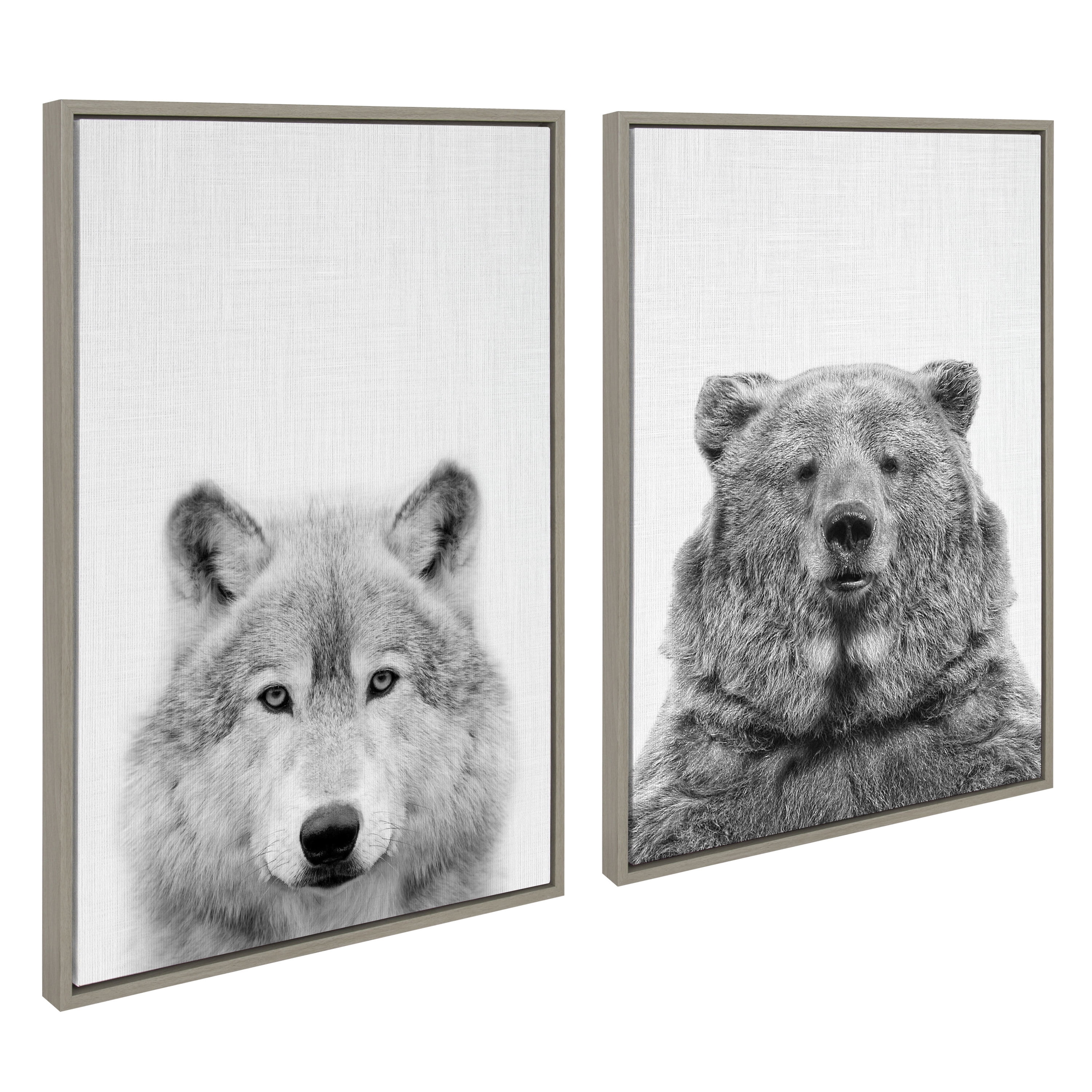 Kate and Laurel Sylvie Wolf and Bear European Framed Canvas Wall Art Set by Simon Te of Tai Prints, 2 Piece 23x33 Gray, Modern Nature Animals Art for Wall Home Decor