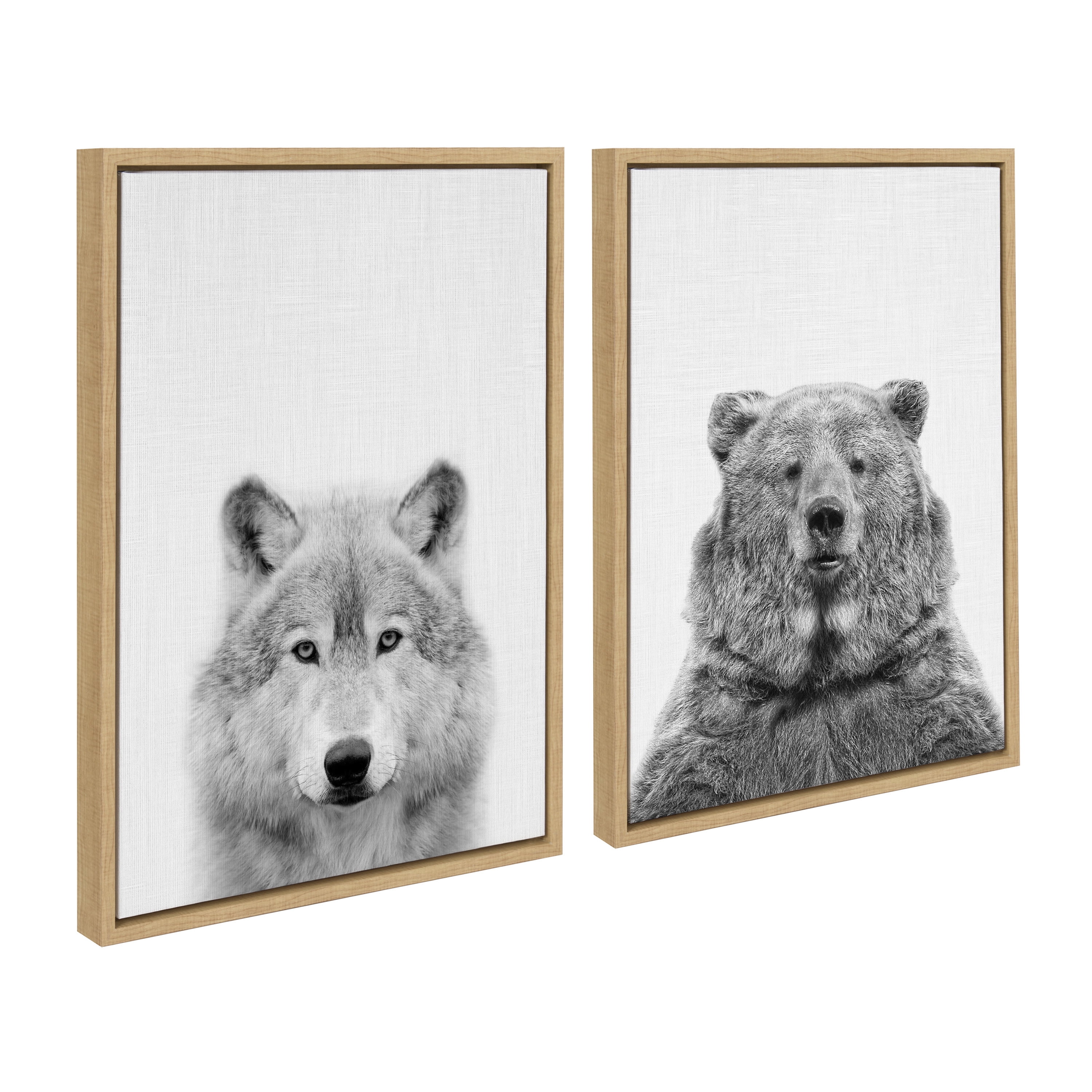 Natural Wolf and Bear Canvas Art Set with Polystyrene Frame