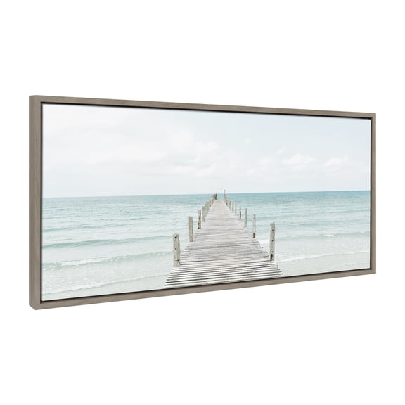 Kate and Laurel Sylvie Wooden Pier on the Beach Framed Canvas Wall Art by Amy Peterson Art Studio, 18x40 Gray, Decorative Contemporary Coastal Wall Décor