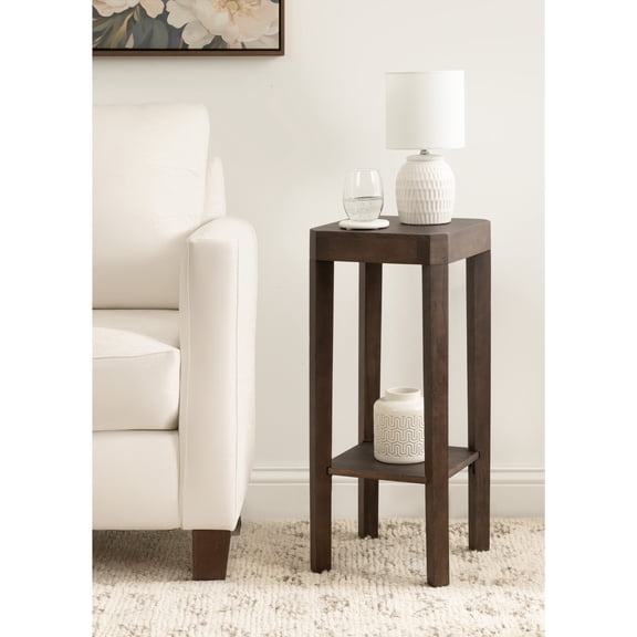 Kate and Laurel Talcott Modern Square Wood Drink Table, 12 x 12 x 28, Dark Brown, Transitional Decorative Two-Tier Pedestal Table for Use as Plant Stand Indoors or Living Room Decor Accent