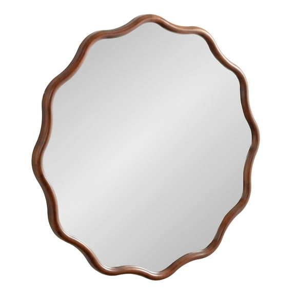 Kate and Laurel Talma Mid-Century Round Scalloped Wall Mirror, 30 Inch Diameter, Walnut Brown, Modern Circle Mirror with Solid Poplar Wood Frame and Rounded Frame Profile
