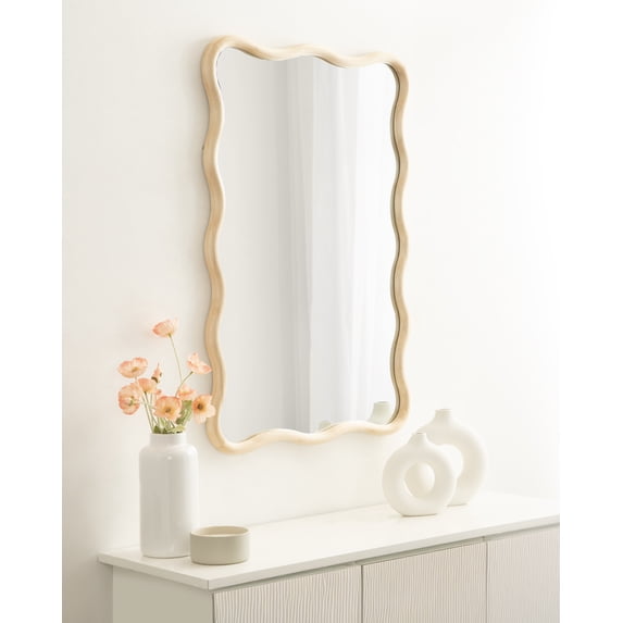 Kate and Laurel Talma Modern Scalloped Rectangle Wall Mirror, 24 x 36, Natural Wood, Rectangular Wavy Mirror for Use as Bathroom Mirror for Over Sink or Cute Nursery Mirror