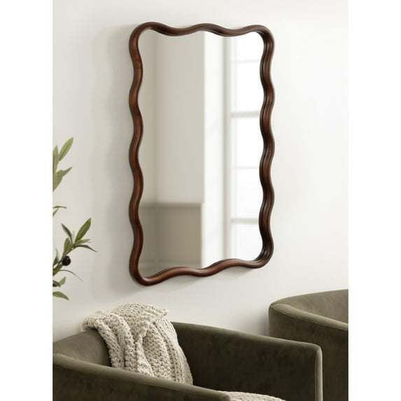 Kate and Laurel Talma Modern Scalloped Rectangle Wall Mirror, 24 x 36, Walnut Brown, Rectangular Wavy Mirror for Use as Bathroom Mirror for Over Sink or Cute Nursery Mirror
