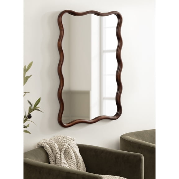 Kate and Laurel Talma Modern Scalloped Rectangle Wall Mirror, 24 x 36, Walnut Brown, Rectangular Wavy Mirror for Use as Bathroom Mirror for Over Sink or Cute Nursery Mirror
