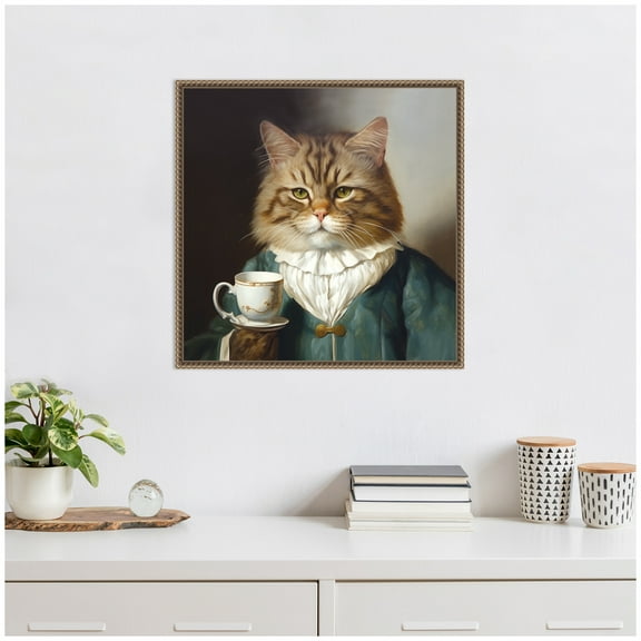 Kate and Laurel Teacup Cat Framed Canvas Wall Art by The Creative Bunch Studio 22 x 22 Sylvie Beaded Dark Gold, Whimsical, Animals, Humor Art for Wall Decor, Living Room, Bedroom