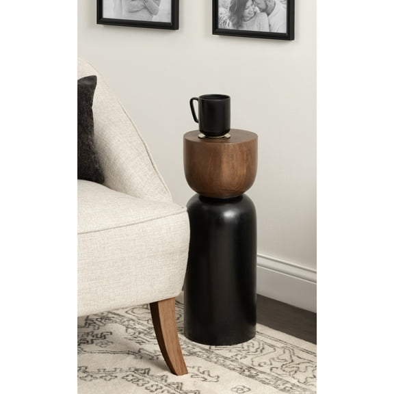 Kate and Laurel Teo Transitional Round Mango Wood Drink Table, 8 x 8 x 22, Walnut Brown and Black, Modern Sculptural Bedroom Nightstand with Unique Pedestal Table Design for Use as Indoor Plant Stand
