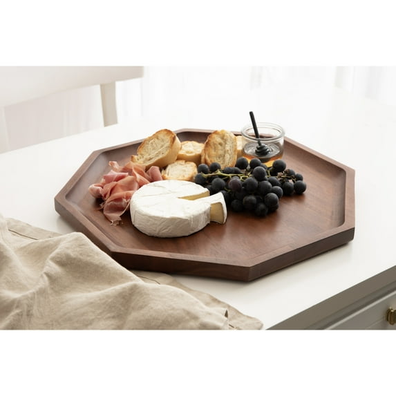 Kate and Laurel Thorpe Mid-Century Solid Wood Octagon Serving Tray, 16 Inch Diameter, Walnut Brown, Modern Geometric Food-Safe Tray for Use as Charcuterie Board or Living Room Ottoman Tray