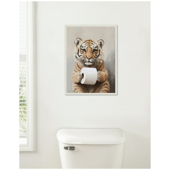 Kate and Laurel Tiger Cub Holding Toilet Paper Roll Bathroom Art Framed Canvas Wall Art by The Creative Bunch Studio 18 x 24 Sylvie Beaded White, Whimsical, Animals, Humor, Bathroom Art for Wall Decor