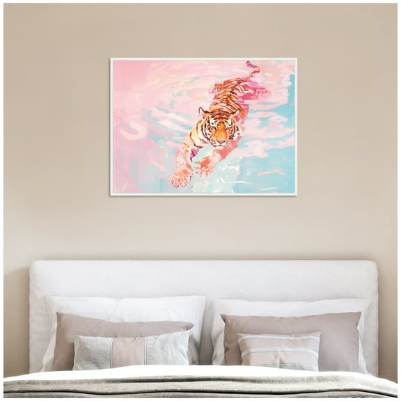 Kate and Laurel Tiger Swim Vibrant Dopamine Landscape Framed Canvas Wall Art  by Honey Island Studio 38 x 28 Sylvie White, Modern Contemporary, Abstract, Animals Art for Wall Decor