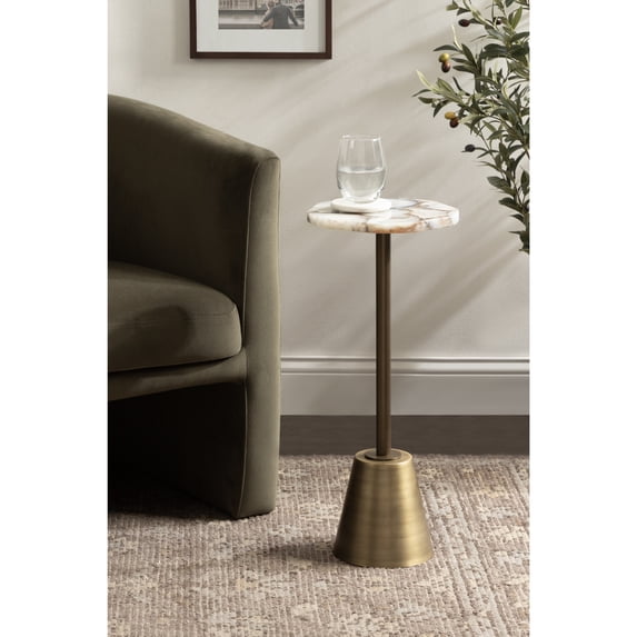 Kate and Laurel Tira Elegant Wavy Round Drink Table, 10 x 10 x 24, Natural Agate and Antique Brass, Vintage Scalloped Circular Mini Table with One-of-a-Kind Stone Tabletop for Indoor Plant Stand