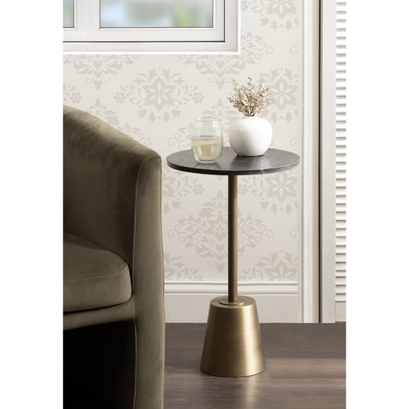Kate and Laurel Tira Round Marble Side Table, 14 x 14 x 24, Black Marble and Antique Brass, Decorative Pedestal End Table for Use as a Bedroom Nightstand or Living Room Plant Stand Table