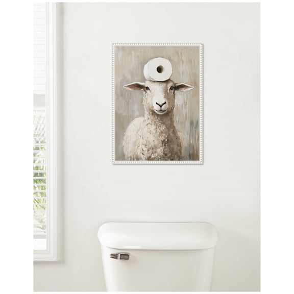 Kate and Laurel Toilet Paper Roll on Cute Sheep Head Bathroom Art Framed Canvas Wall Art by The Creative Bunch Studio 18 x 24 Sylvie Beaded White, Whimsical, Animals, Bathroom Art for Wall Decor