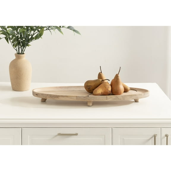 Kate and Laurel Tomaz Modern Decorative Mango Wood Oval Footed Tray, 23 x 7, Light Natural, Transitional Food-Safe Wooden Coffee Table Tray with Elevated Design and Unique Oval Shape