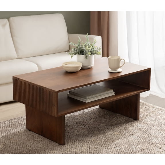Kate and Laurel Torroba Modern Ribbed Rectangle Coffee Table with Storage Shelf, 36 x 20 x 16, Walnut Brown, Transitional Rectangular Living Room Table with Extra Storage and Mango Wood Construction