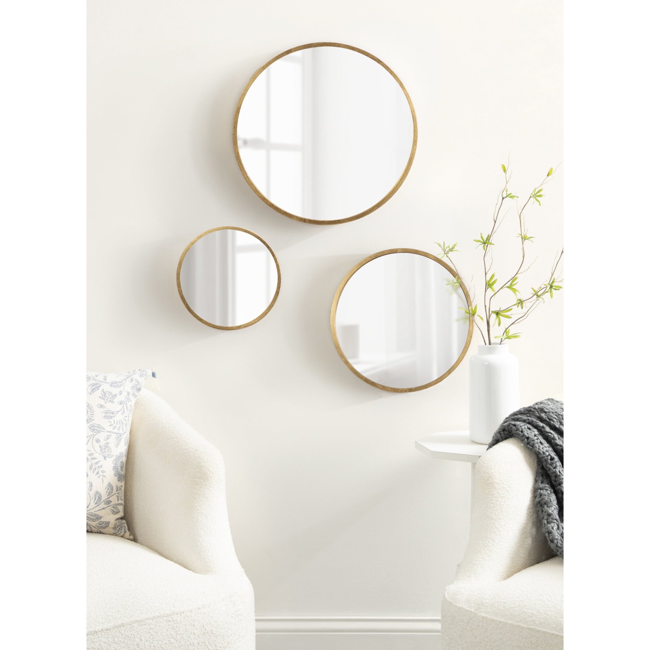 Gold Round Wood Frame Wall Mirror Set, 3-Piece