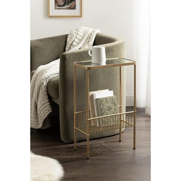 Kate and Laurel Trubey Modern Mirrored Rectangle Narrow Side Table, 16 x 8 x 25, Gold, Modern Glam Slim End Table with Bottom Wire Storage Rack and Mirrored Tabletop