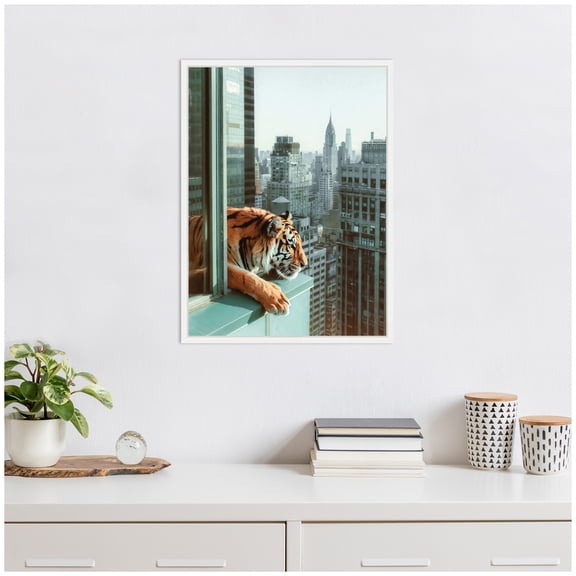 Kate and Laurel Urban Tiger Overlooking Manhattan Framed Canvas Wall Art by Michael Schauer 18 x 24 Sylvie White, Industrial Urban, Animals, Cityscapes Art for Wall Decor, Living Room, Bedroom