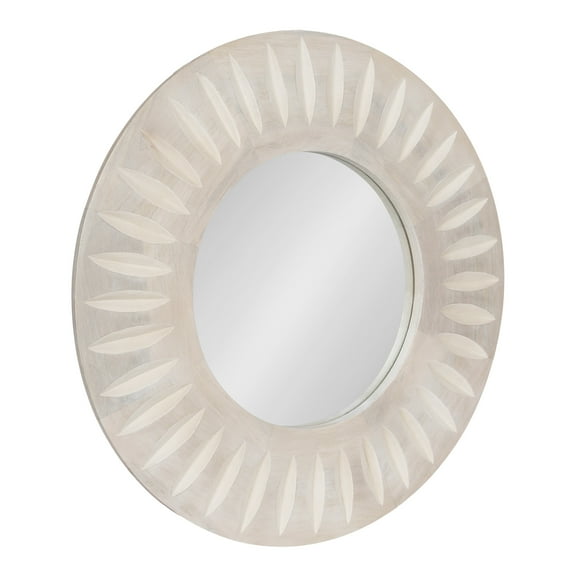 Kate and Laurel Usra Round Carved Wood Mirror, 26 Inch Diameter, Whitewash, Light Wooden Circle Mirror with Carved Indentation and Sunburst Wall Mirror Look