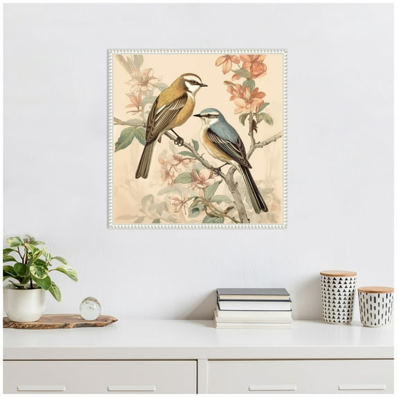 Kate and Laurel Vintage Style Birds and Botanicals Framed Canvas Wall Art by The Creative Bunch Studio 22 x 22 Sylvie Beaded White, Traditional, Animals, Nature, Flowers Art for Wall Decor, Living