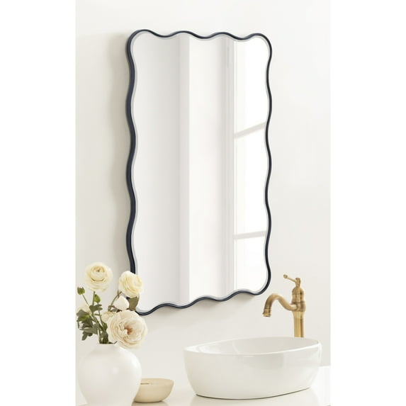 Kate and Laurel Viona Modern Scalloped Rectangle Mirror, 24 x 36, Navy Blue, Decorative Bathroom Mirror for Over Sink with Unique Rippled Edge for Wavy Wall Decor Accent