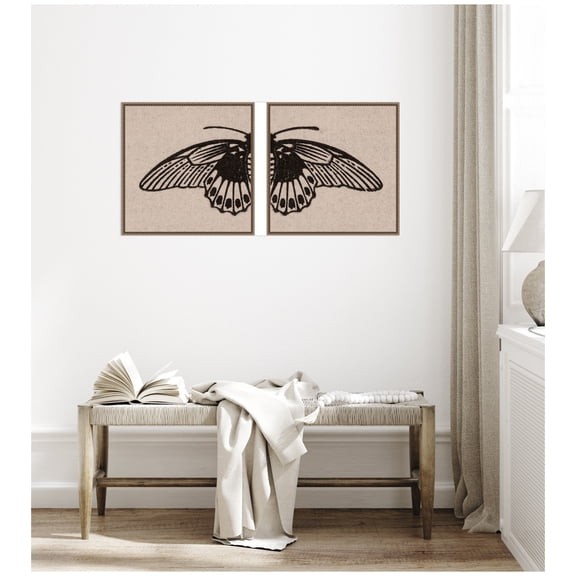 Kate and Laurel Vlinder 1901 Julie de Graag No. 1 & No. 2 2 Piece Framed Canvas Wall Art Set by Nostalgia Prints, Sylvie Beaded Dark Gold Vintage, Animal Art for Wall Decor