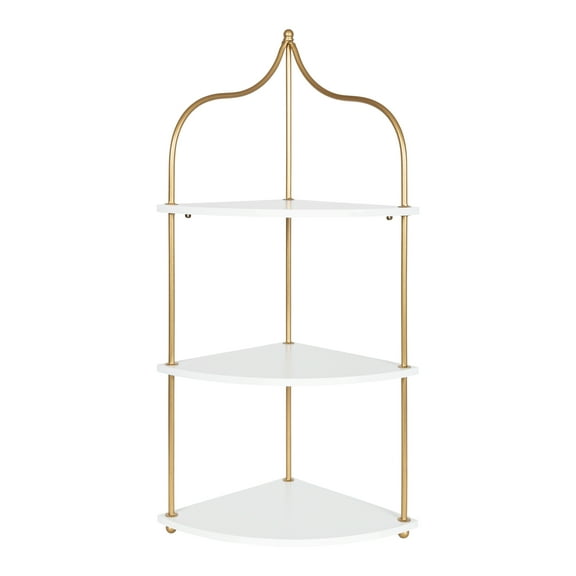 Kate and Laurel Walters Glam Wall Mounted Corner Shelf, 17 x 12 x 35, White and Gold, Decorative  Three Tier Corner Wall Shelf for Storage and Display