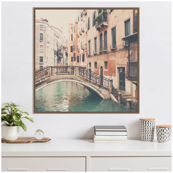 Kate and Laurel Wandering The Streets of Venice Framed Canvas Wall Art by Laura Evans 30 x 30 Sylvie Beaded Dark Gold, Vintage, Architecture, Cityscapes, Landscapes Art for Wall Decor, Living Room