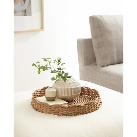 Kate and Laurel Wavley Modern Round Scalloped Woven Rattan Tray, 18 Inch Diameter, Natural Rattan, Decorative Wavy Boho Tray for Use as Versatile Ottoman Tray or Serving Platter